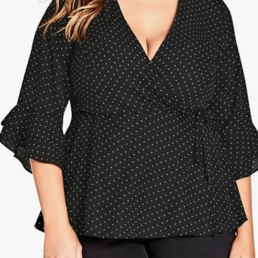 City Chic Polka Dot Ruffle Sleeve Wrap Blouse